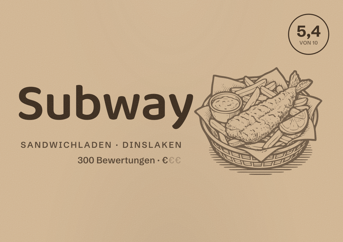 Illustriertes Poster von Subway, Sandwichladen in Dinslaken: Bewertung 5,4 von 10 aus 300 Bewertungen, Preisniveau €