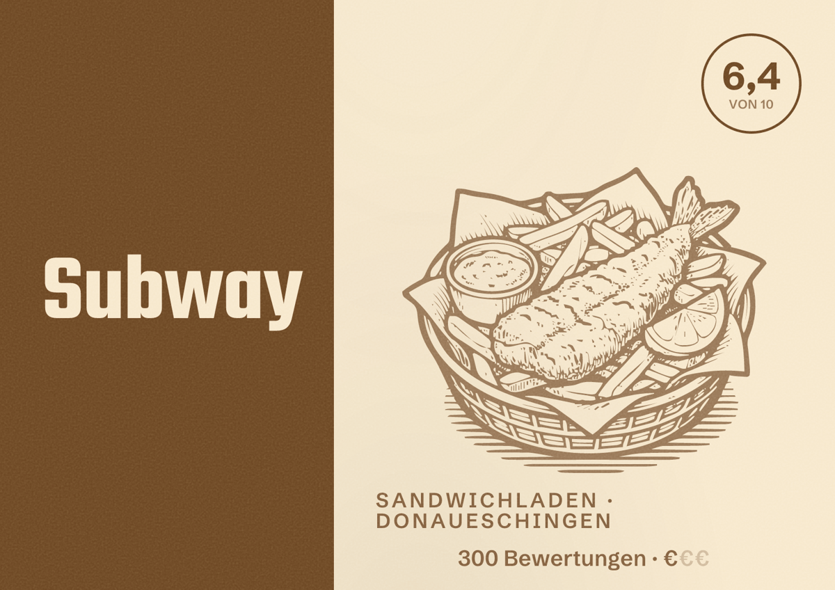 Illustriertes Poster von Subway, Sandwichladen in Donaueschingen: Bewertung 6,4 von 10 aus 300 Bewertungen, Preisniveau €