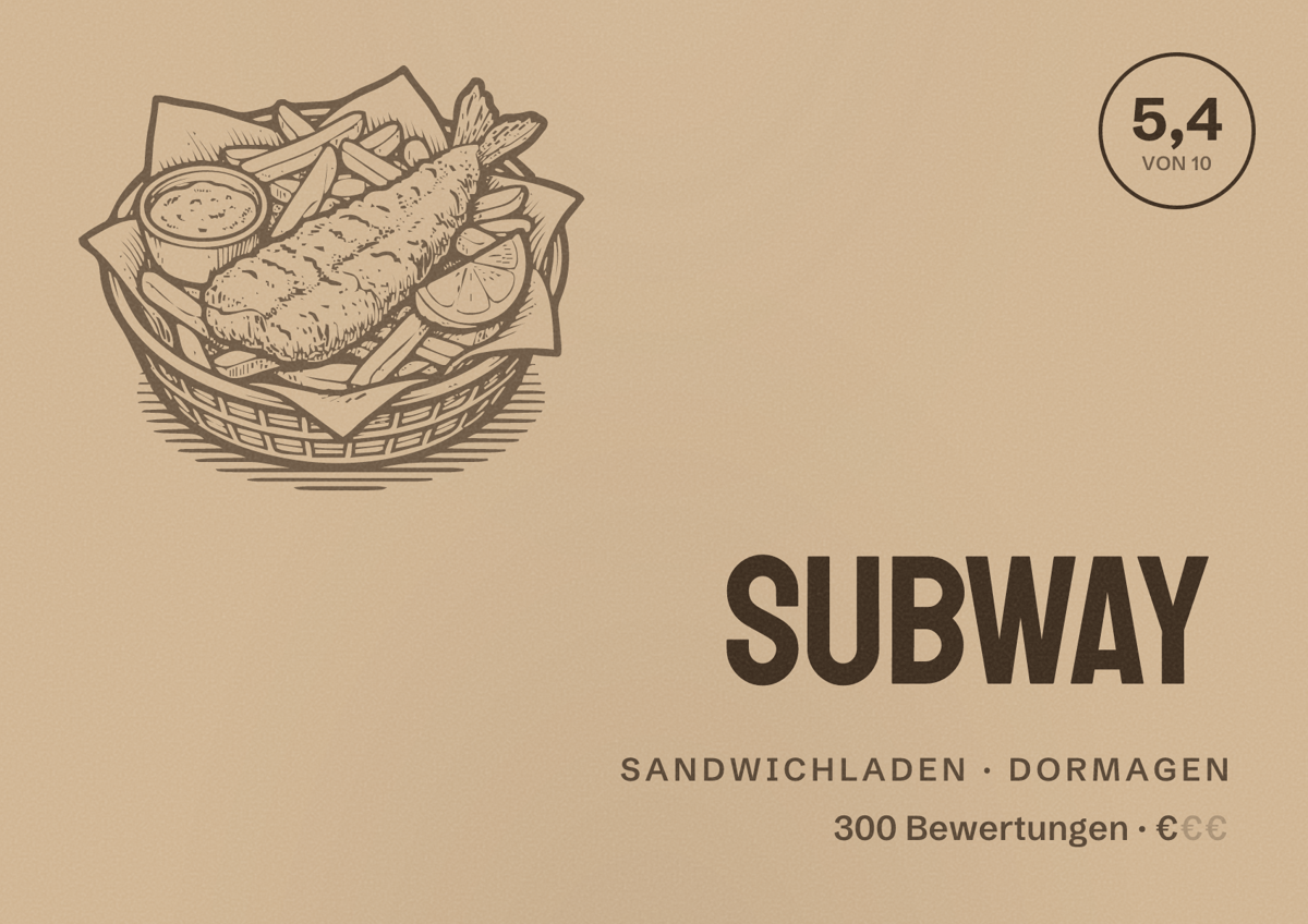 Illustriertes Poster von Subway, Sandwichladen in Dormagen: Bewertung 5,4 von 10 aus 300 Bewertungen, Preisniveau €