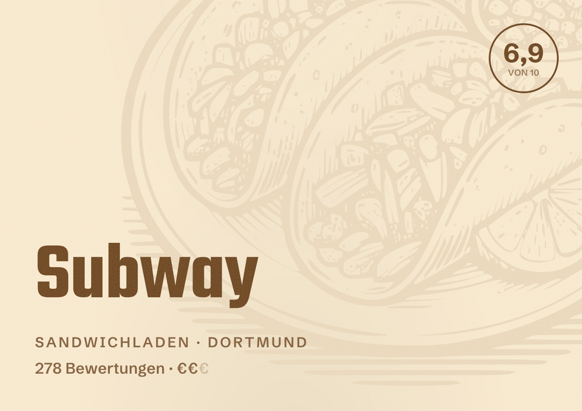 Illustriertes Poster von Subway, Sandwichladen in Dortmund: Bewertung 6,9 von 10 aus 278 Bewertungen, Preisniveau €€