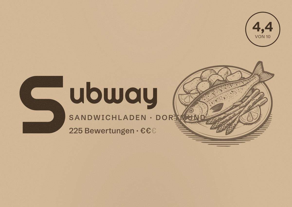 Illustriertes Poster von Subway, Sandwichladen in Dortmund: Gästebewertung 4,4 von 10 aus 225 Bewertungen