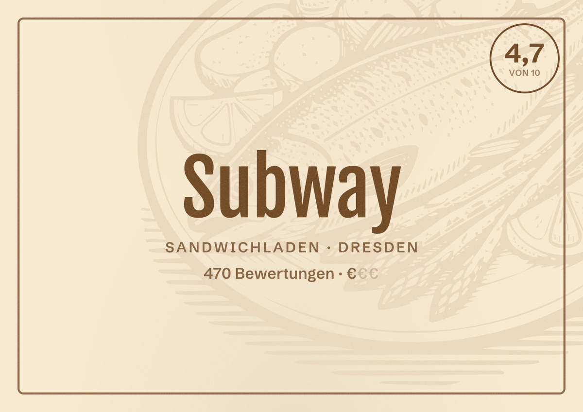 Illustriertes Poster von Subway, Sandwichladen in Dresden: Bewertung 4,7 von 10 aus 470 Bewertungen, Preisniveau €