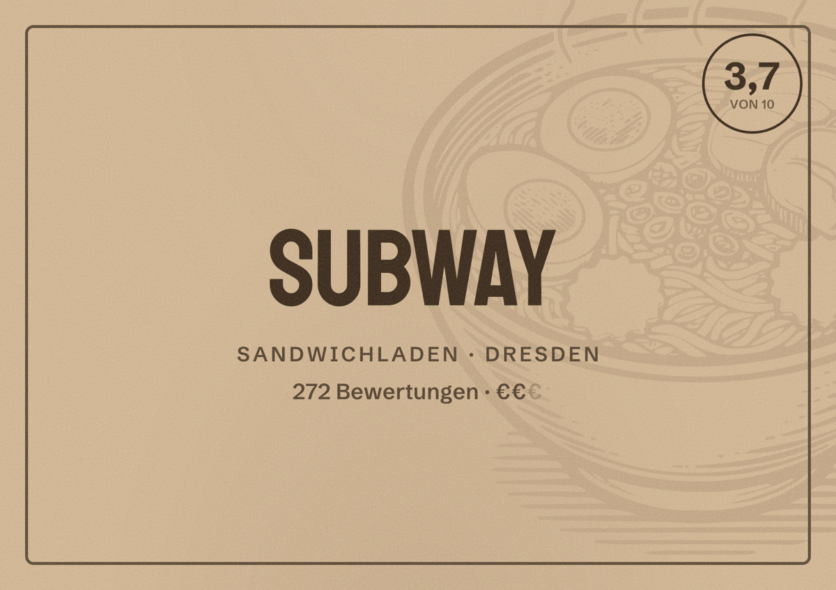 Illustriertes Poster von Subway, Sandwichladen in Dresden: Bewertung 3,7 von 10 aus 272 Bewertungen, Preisniveau €€