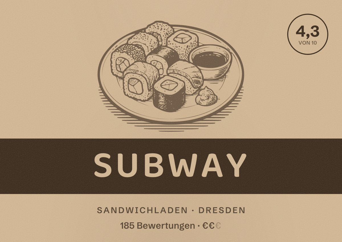 Illustriertes Poster von Subway, Sandwichladen in Dresden: Bewertung 4,3 von 10 aus 185 Bewertungen, Preisniveau €€