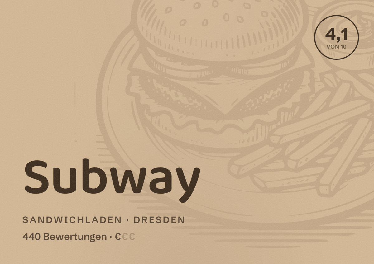 Illustriertes Poster von Subway, Sandwichladen in Dresden: Gästebewertung 4,1 von 10 aus 440 Bewertungen