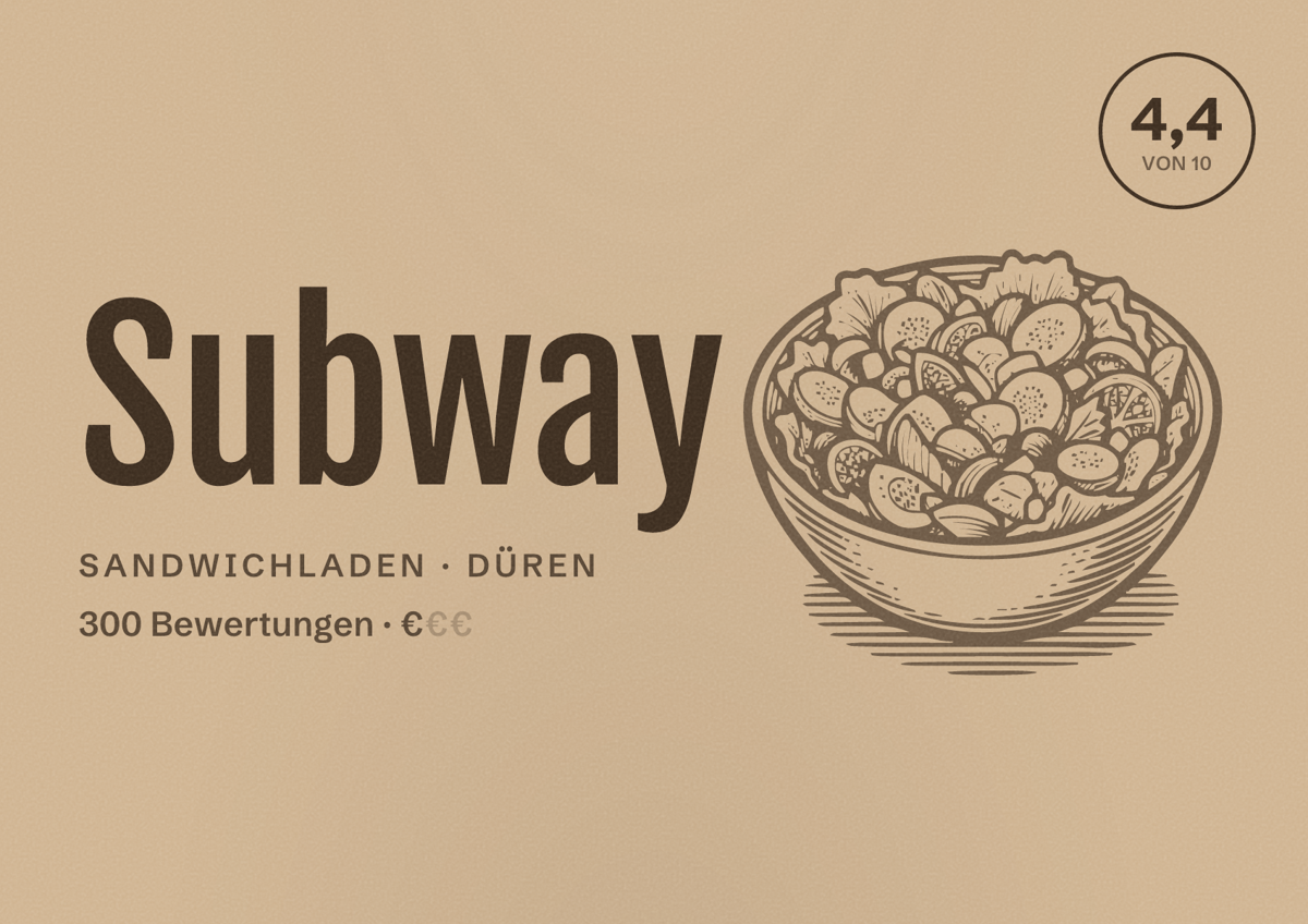 Illustriertes Poster von Subway, Sandwichladen in Düren: Bewertung 4,4 von 10 aus 300 Bewertungen, Preisniveau €