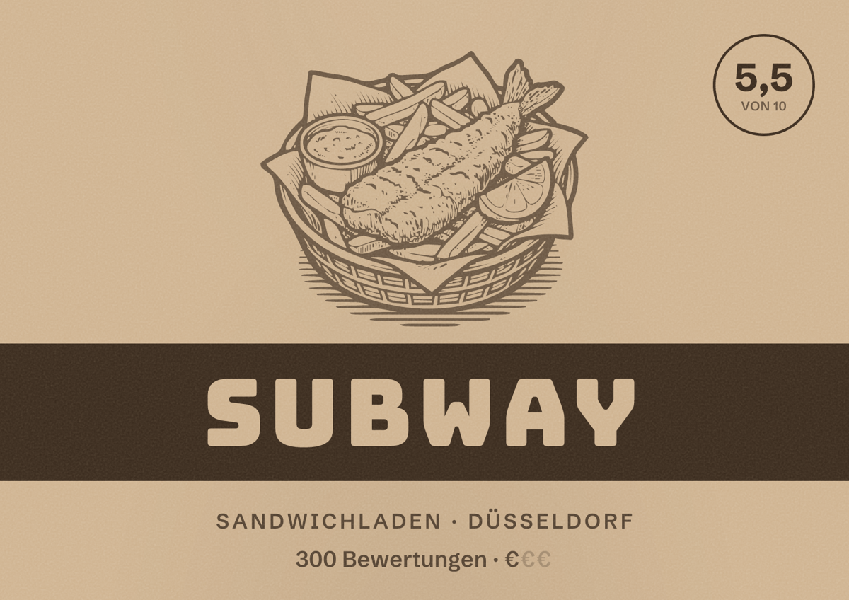 Illustriertes Poster von Subway, Sandwichladen in Düsseldorf: Bewertung 5,5 von 10 aus 300 Bewertungen, Preisniveau €