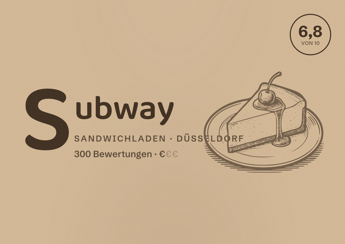 Illustriertes Poster von Subway, Sandwichladen in Düsseldorf: Bewertung 6,8 von 10 aus 300 Bewertungen, Preisniveau €