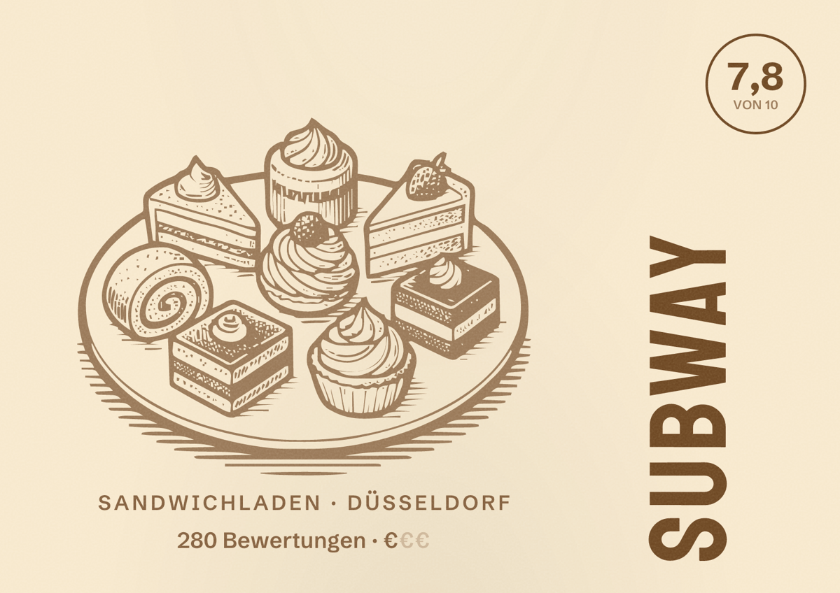 Illustriertes Poster von Subway, Sandwichladen in Düsseldorf: Bewertung 7,8 von 10 aus 280 Bewertungen, Preisniveau €