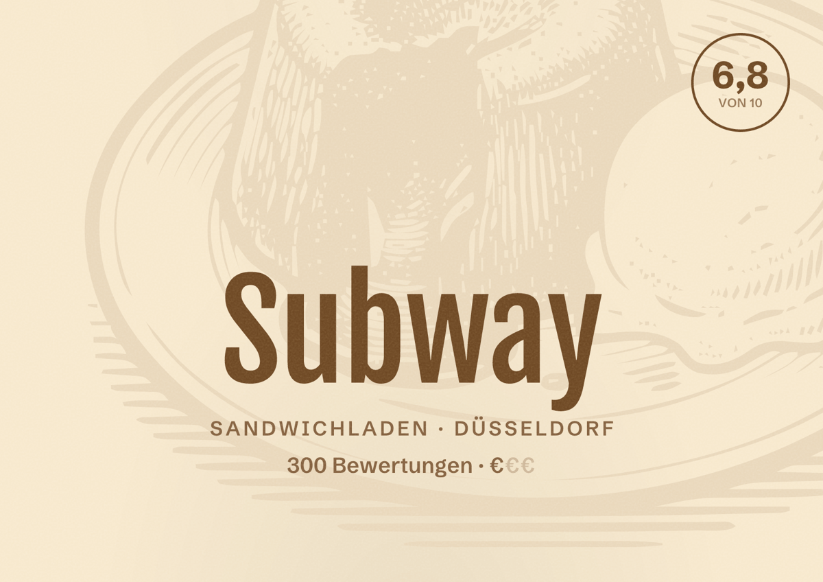 Illustriertes Poster von Subway, Sandwichladen in Düsseldorf: Bewertung 6,8 von 10 aus 300 Bewertungen, Preisniveau €