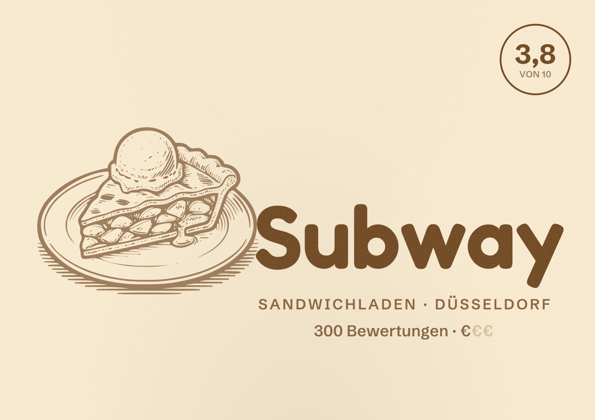 Illustriertes Poster von Subway, Sandwichladen in Düsseldorf: Bewertung 3,8 von 10 aus 300 Bewertungen, Preisniveau €