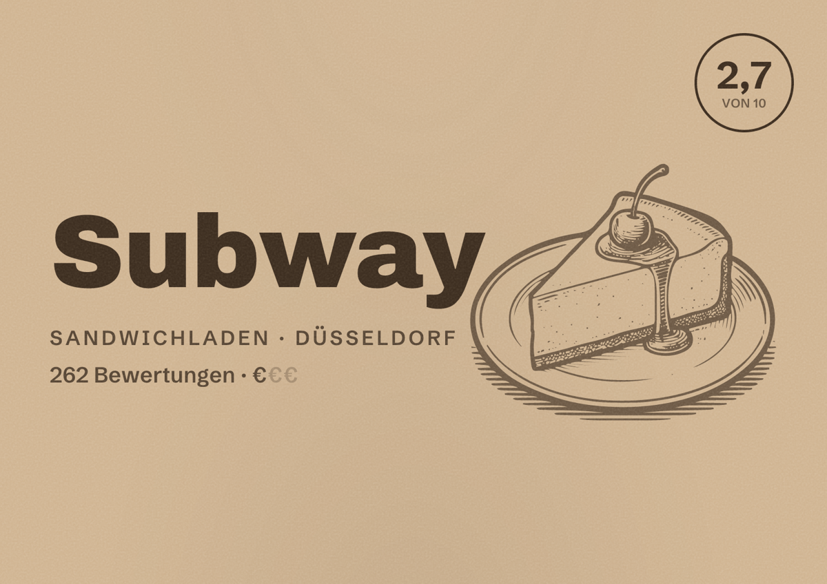 Illustriertes Poster von Subway, Sandwichladen in Düsseldorf: Bewertung 2,7 von 10 aus 262 Bewertungen, Preisniveau €