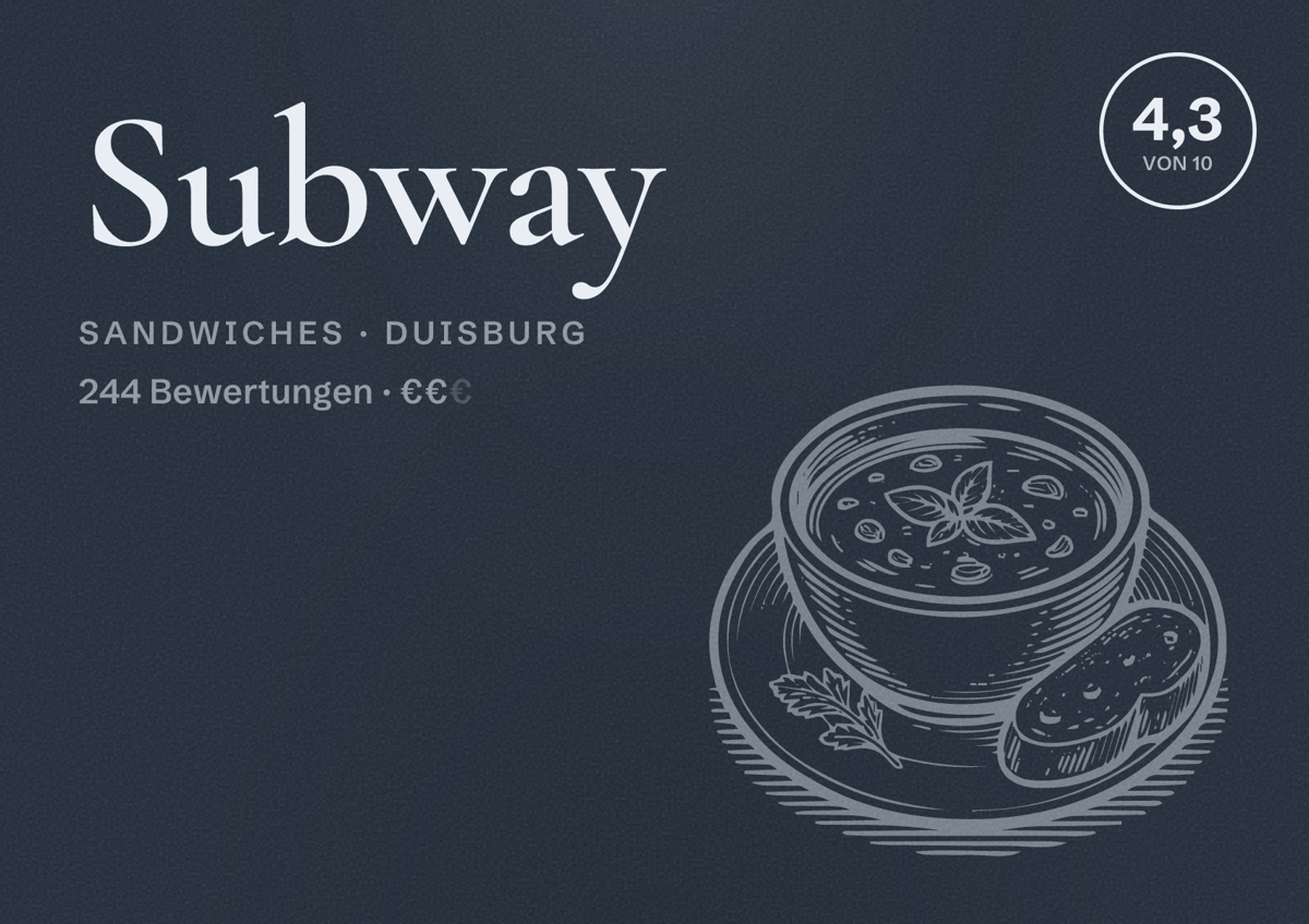 Illustriertes Poster von Subway, Sandwiches in Duisburg: Bewertung 4,3 von 10 aus 244 Bewertungen, Preisniveau €€