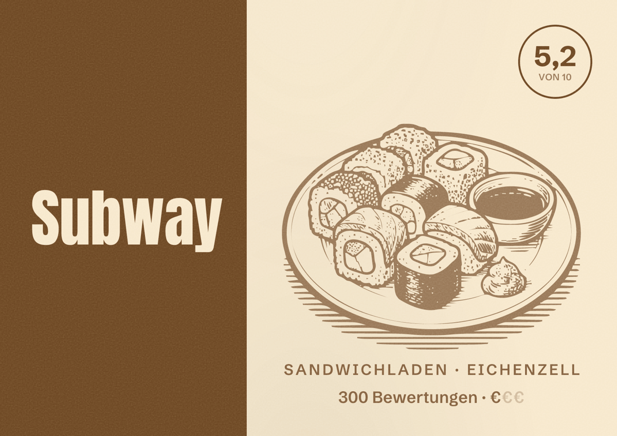 Illustriertes Poster von Subway, Sandwichladen in Eichenzell: Bewertung 5,2 von 10 aus 300 Bewertungen, Preisniveau €