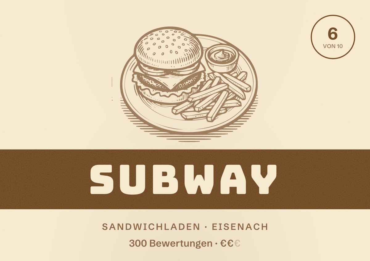 Illustriertes Poster von Subway, Sandwichladen in Eisenach: Bewertung 6 von 10 aus 300 Bewertungen, Preisniveau €€