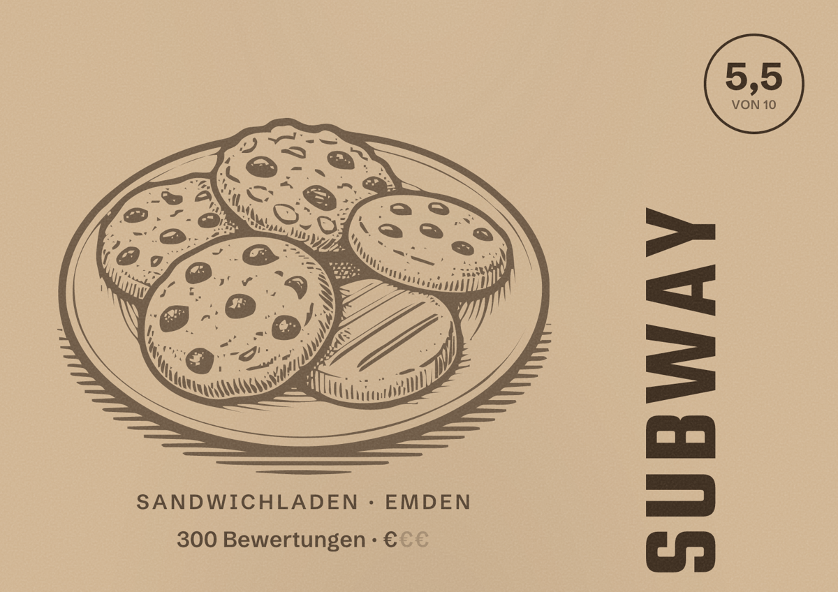 Illustriertes Poster von Subway, Sandwichladen in Emden: Bewertung 5,5 von 10 aus 300 Bewertungen, Preisniveau €