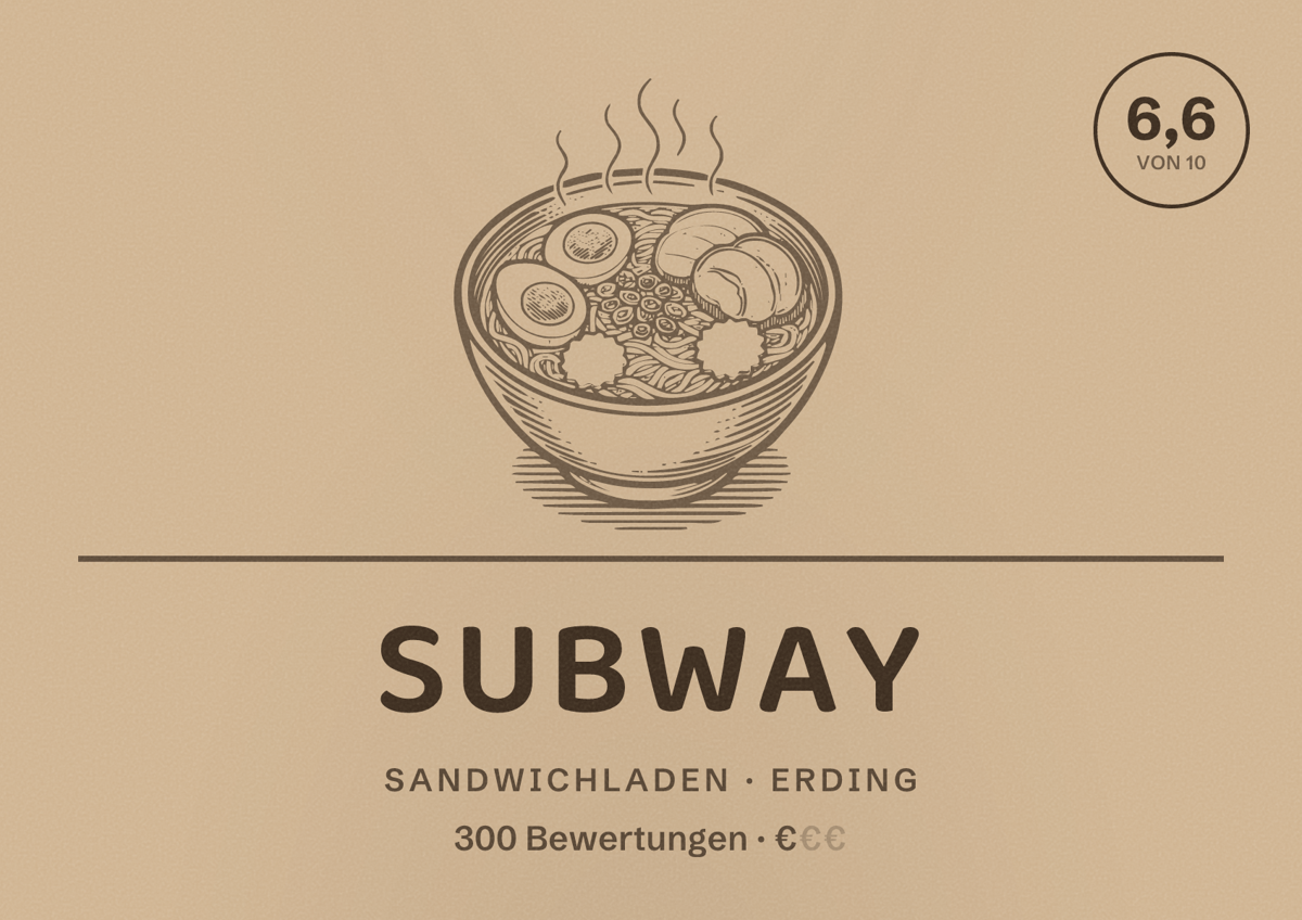 Illustriertes Poster von Subway, Sandwichladen in Erding: Bewertung 6,6 von 10 aus 300 Bewertungen, Preisniveau €