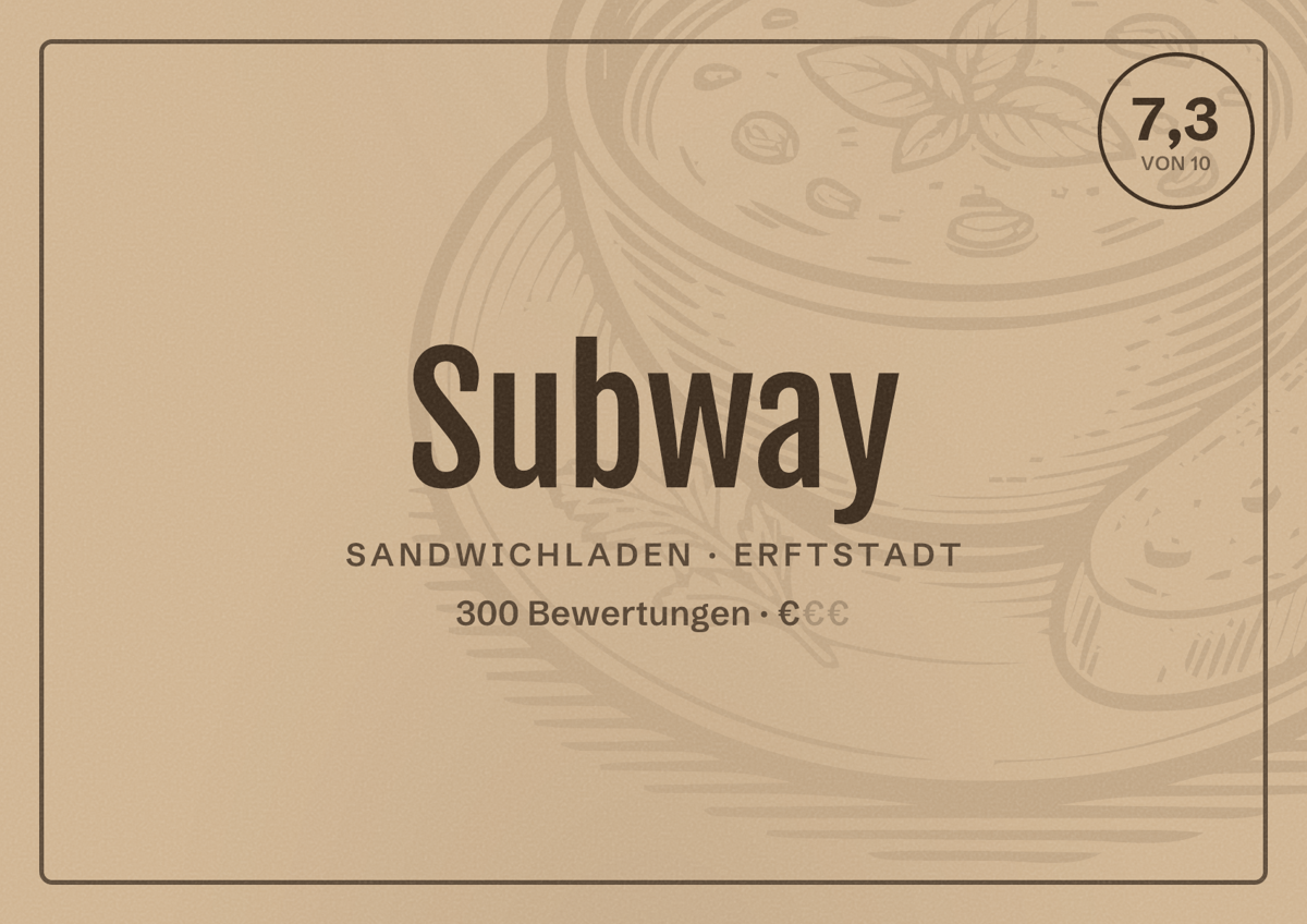 Illustriertes Poster von Subway, Sandwichladen in Erftstadt: Bewertung 7,3 von 10 aus 300 Bewertungen, Preisniveau €