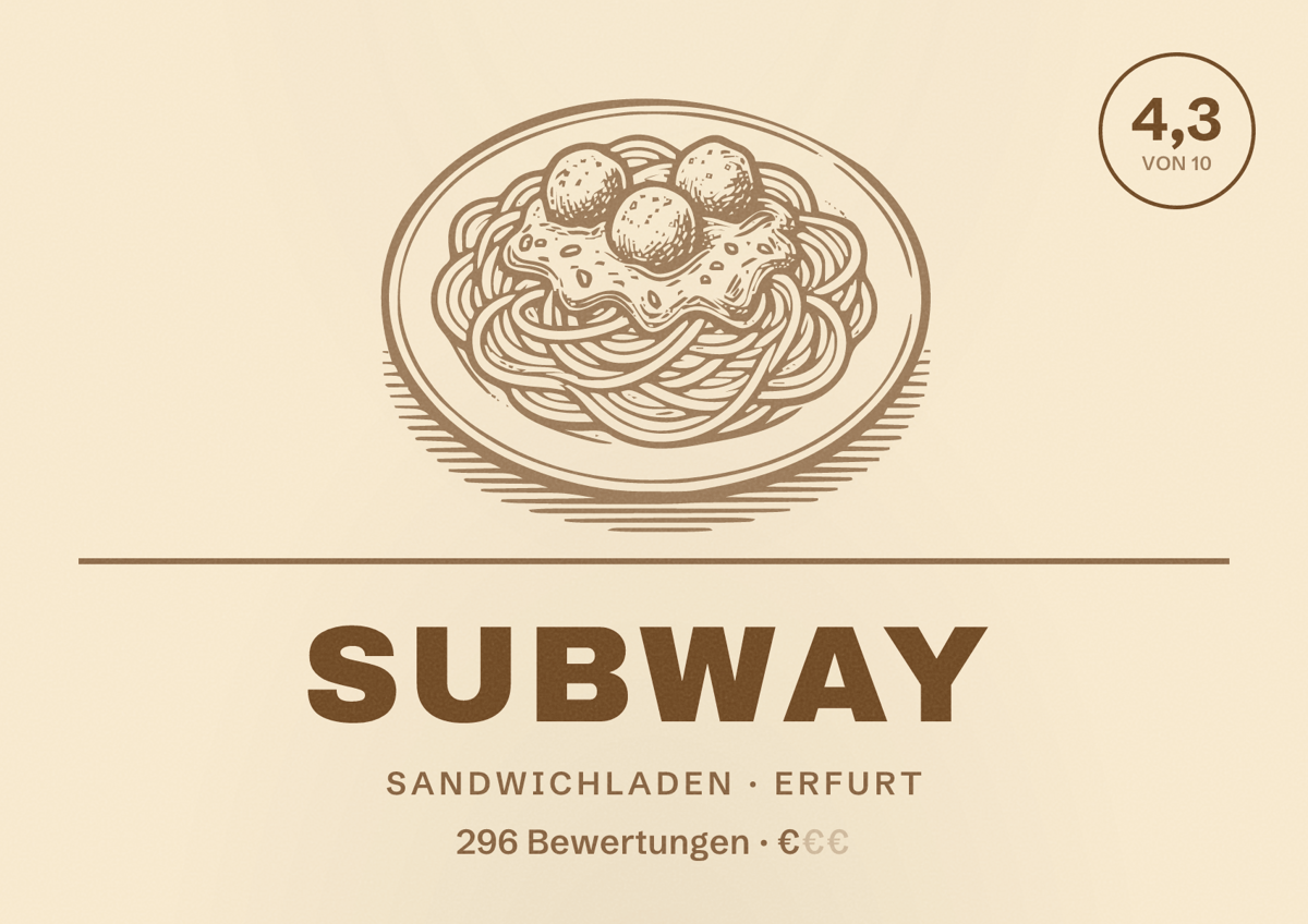 Illustriertes Poster von Subway, Sandwichladen in Erfurt: Bewertung 4,3 von 10 aus 296 Bewertungen, Preisniveau €