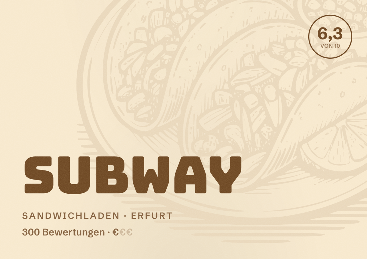 Illustriertes Poster von Subway, Sandwichladen in Erfurt: Bewertung 6,3 von 10 aus 300 Bewertungen, Preisniveau €