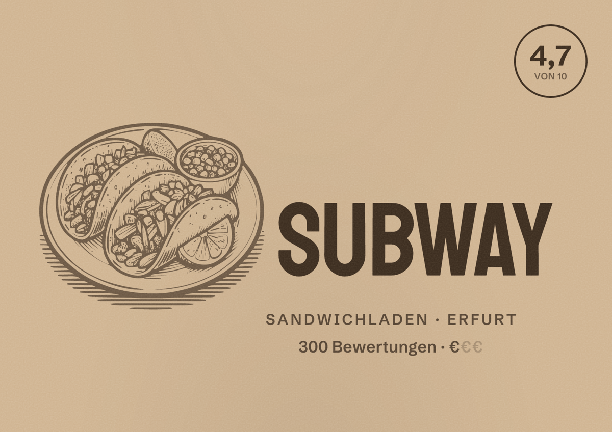 Illustriertes Poster von Subway, Sandwichladen in Erfurt: Bewertung 4,7 von 10 aus 300 Bewertungen, Preisniveau €