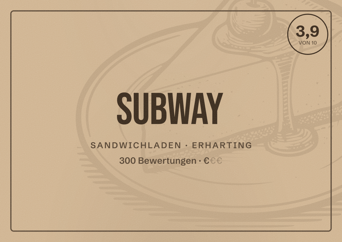 Illustriertes Poster von Subway, Sandwichladen in Erharting: Bewertung 3,9 von 10 aus 300 Bewertungen, Preisniveau €