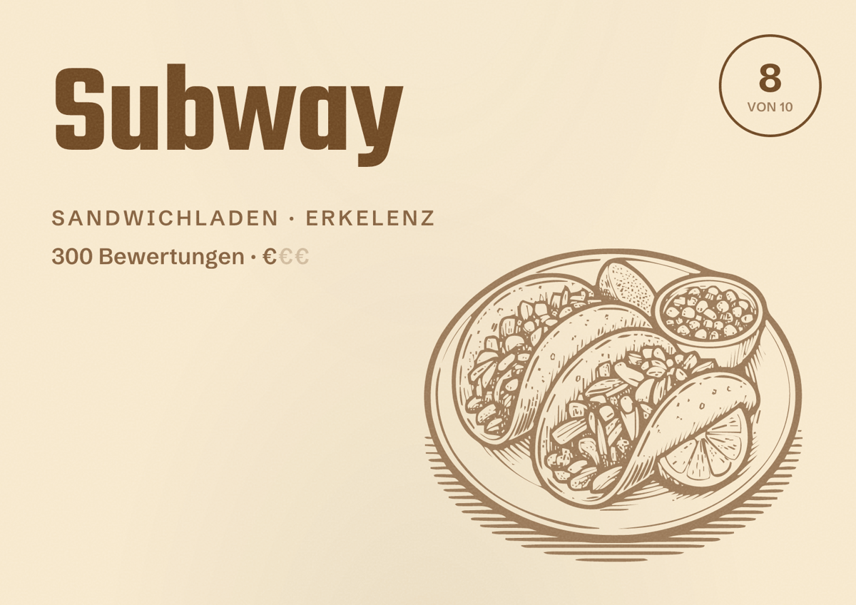 Illustriertes Poster von Subway, Sandwichladen in Erkelenz: Bewertung 8 von 10 aus 300 Bewertungen, Preisniveau €