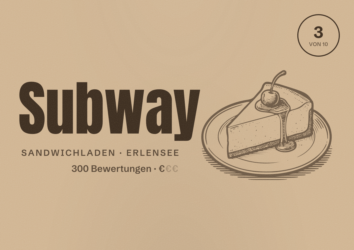 Illustriertes Poster von Subway, Sandwichladen in Erlensee: Bewertung 3 von 10 aus 300 Bewertungen, Preisniveau €