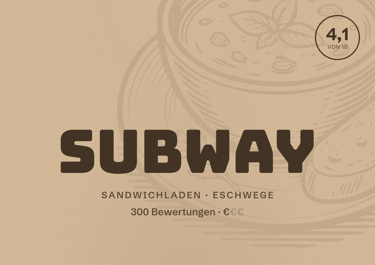 Illustriertes Poster von Subway, Sandwichladen in Eschwege: Bewertung 4,1 von 10 aus 300 Bewertungen, Preisniveau €