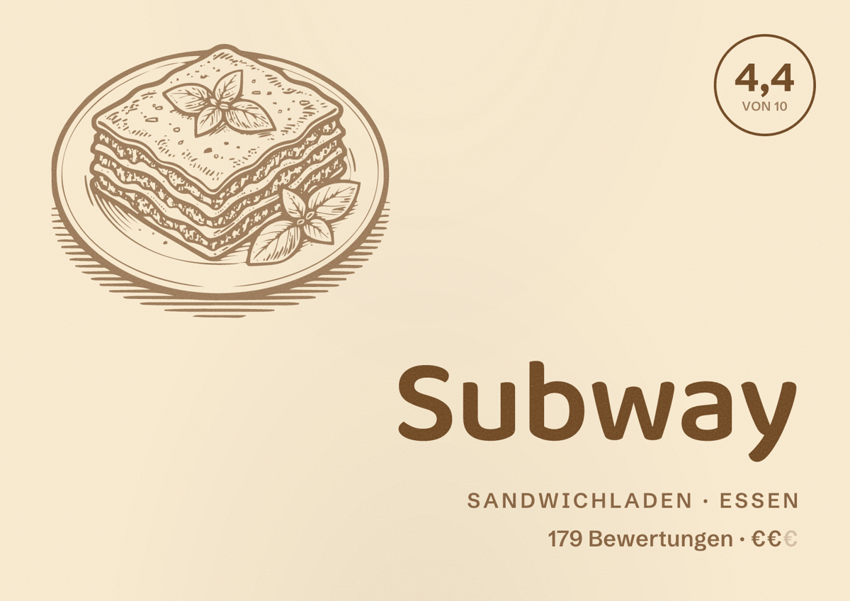 Illustriertes Poster von Subway, Sandwichladen in Essen: Bewertung 4,4 von 10 aus 179 Bewertungen, Preisniveau €€