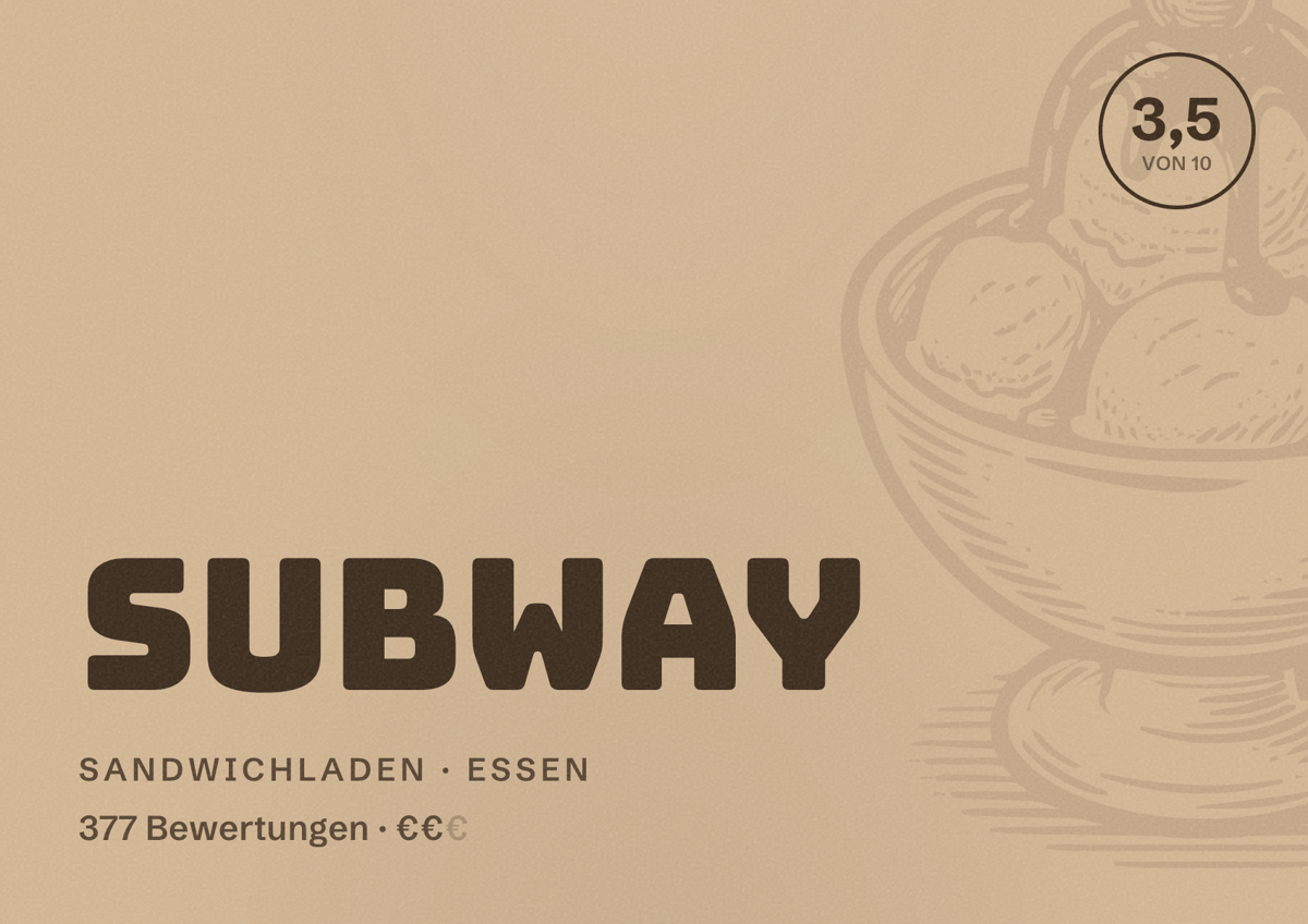 Illustriertes Poster von Subway, Sandwichladen in Essen: Bewertung 3,5 von 10 aus 377 Bewertungen, Preisniveau €€