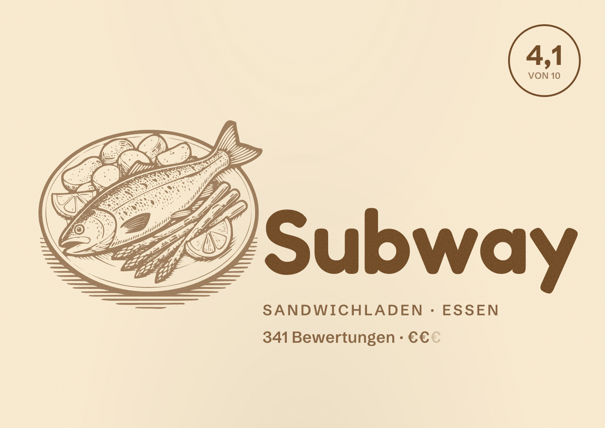 Illustriertes Poster von Subway, Sandwichladen in Essen: Gästebewertung 4,1 von 10 aus 341 Bewertungen