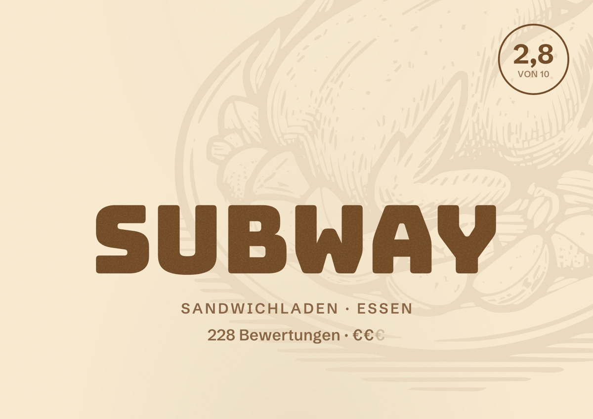 Illustriertes Poster von Subway, Sandwichladen in Essen: Bewertung 2,8 von 10 aus 228 Bewertungen, Preisniveau €€