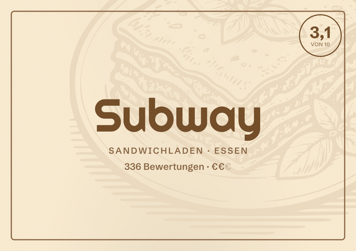 Illustriertes Poster von Subway, Sandwichladen in Essen: Gästebewertung 3,1 von 10 aus 336 Bewertungen