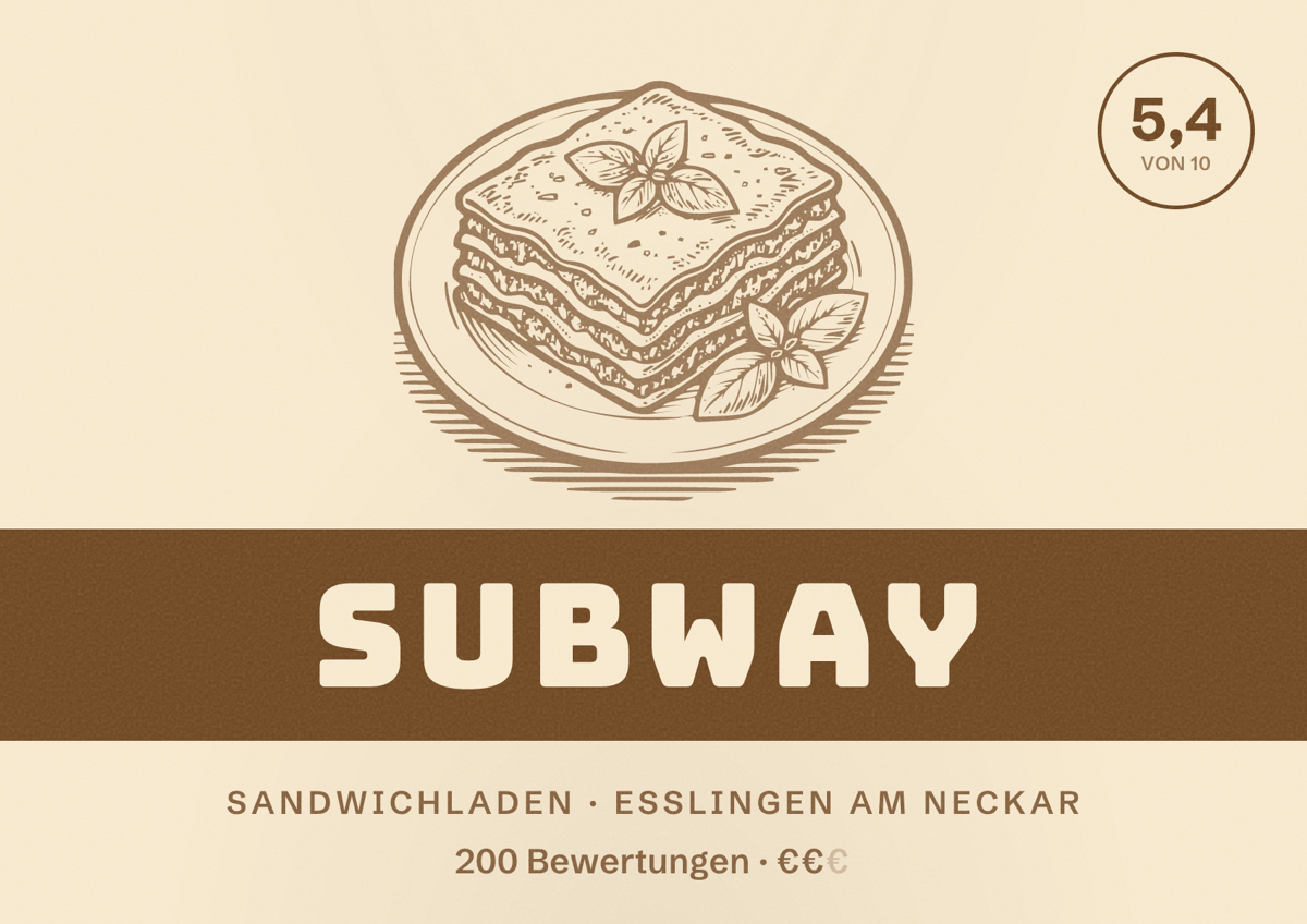 Illustriertes Poster von Subway, Sandwichladen in Esslingen am Neckar: Bewertung 5,4 von 10 aus 200 Bewertungen, Preisniveau €€