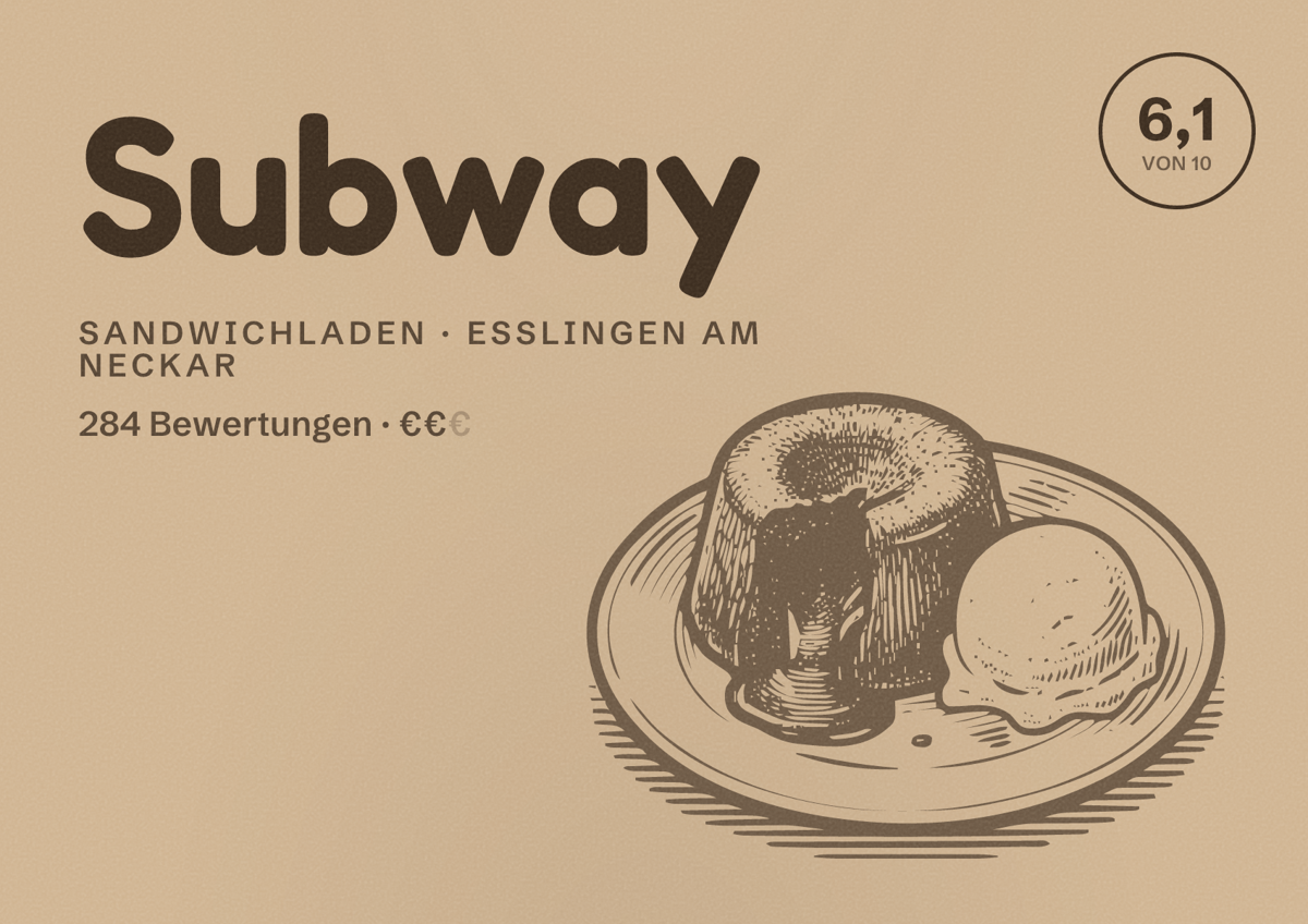 Illustriertes Poster von Subway, Sandwichladen in Esslingen am Neckar: Gästebewertung 6,1 von 10 aus 284 Bewertungen