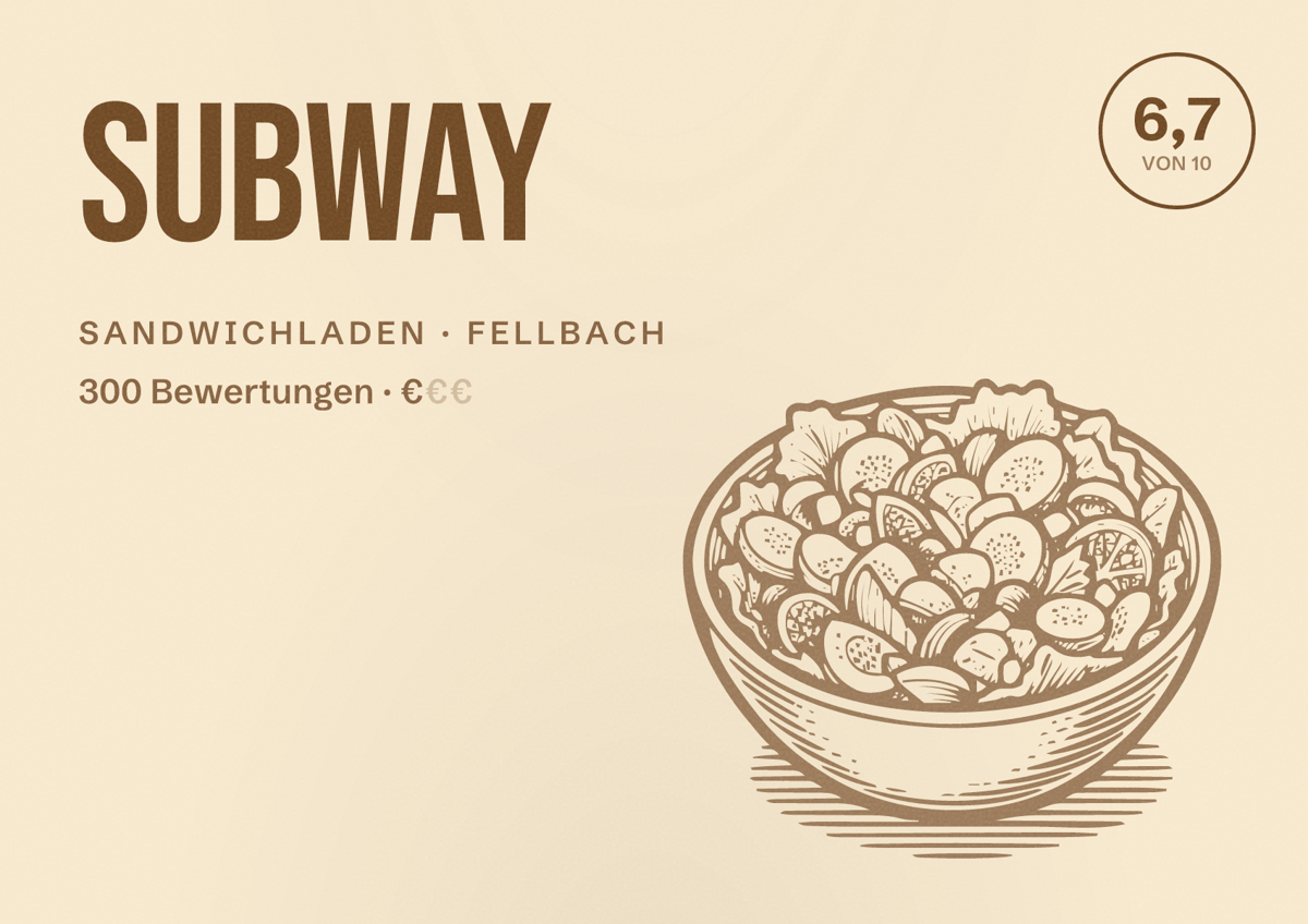Illustriertes Poster von Subway, Sandwichladen in Fellbach: Bewertung 6,7 von 10 aus 300 Bewertungen, Preisniveau €