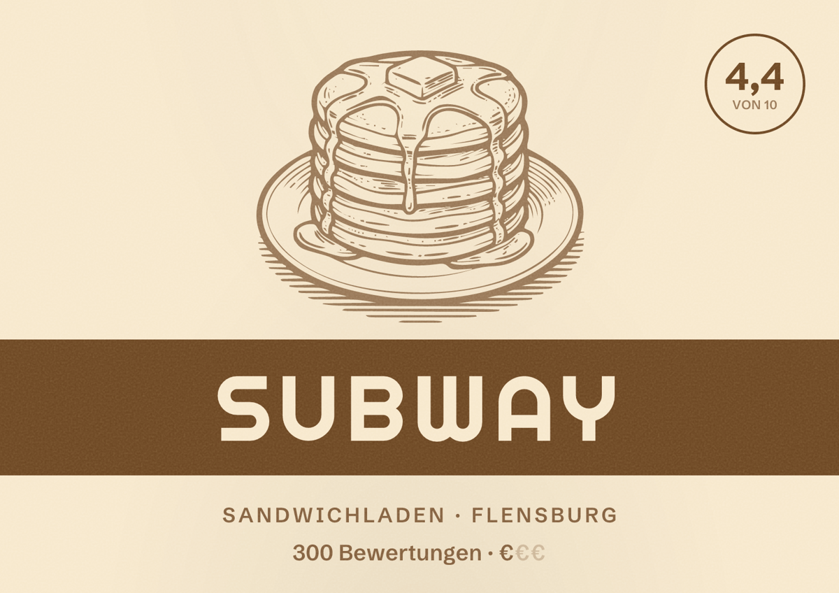 Illustriertes Poster von Subway, Sandwichladen in Flensburg: Bewertung 4,4 von 10 aus 300 Bewertungen, Preisniveau €