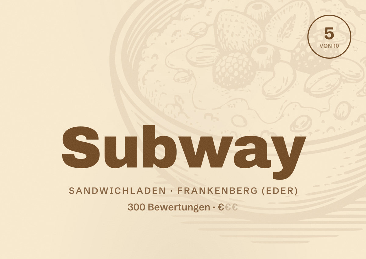 Illustriertes Poster von Subway, Sandwichladen in Frankenberg (Eder): Bewertung 5 von 10 aus 300 Bewertungen, Preisniveau €
