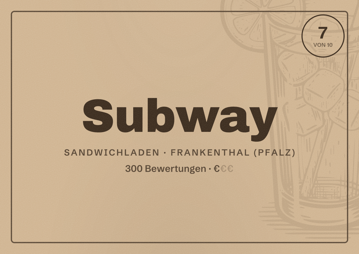Illustriertes Poster von Subway, Sandwichladen in Frankenthal (Pfalz): Bewertung 7 von 10 aus 300 Bewertungen, Preisniveau €