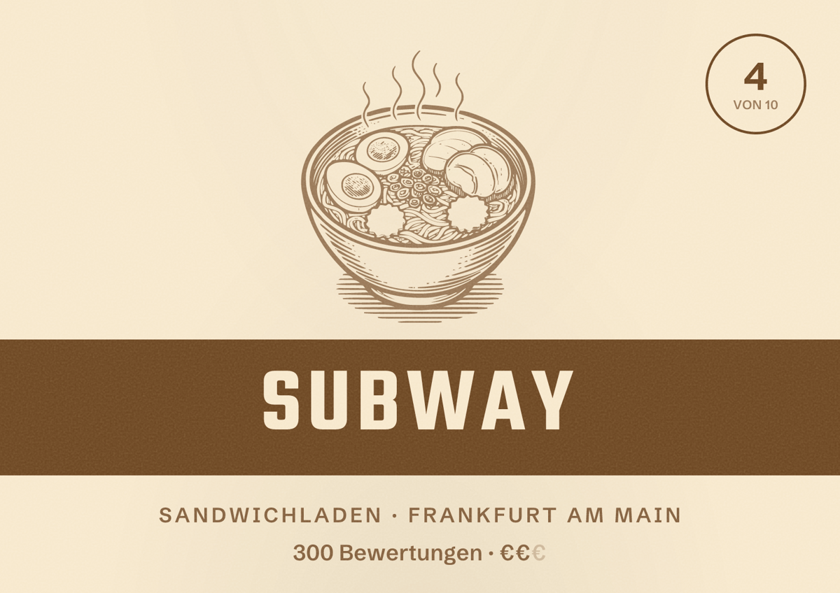 Illustriertes Poster von Subway, Sandwichladen in Frankfurt am Main: Bewertung 4 von 10 aus 300 Bewertungen, Preisniveau €€