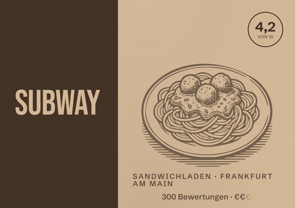 Illustriertes Poster von Subway, Sandwichladen in Frankfurt am Main: Bewertung 4,2 von 10 aus 300 Bewertungen, Preisniveau €€