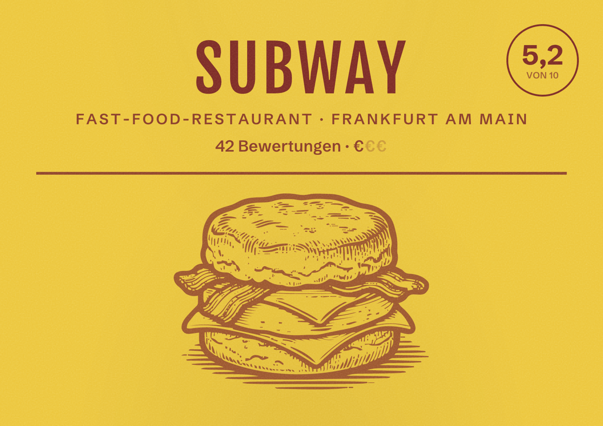 Illustriertes Poster von Subway, Fast-Food-Restaurant in Frankfurt am Main: Bewertung 5,2 von 10 aus 42 Bewertungen, Preisniveau €
