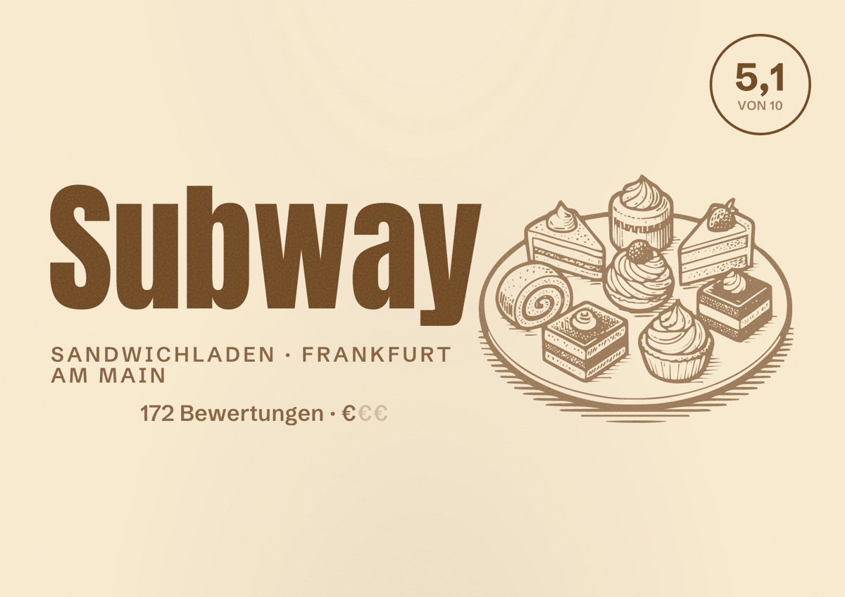 Illustriertes Poster von Subway, Sandwichladen in Frankfurt am Main: Bewertung 5,1 von 10 aus 172 Bewertungen, Preisniveau €