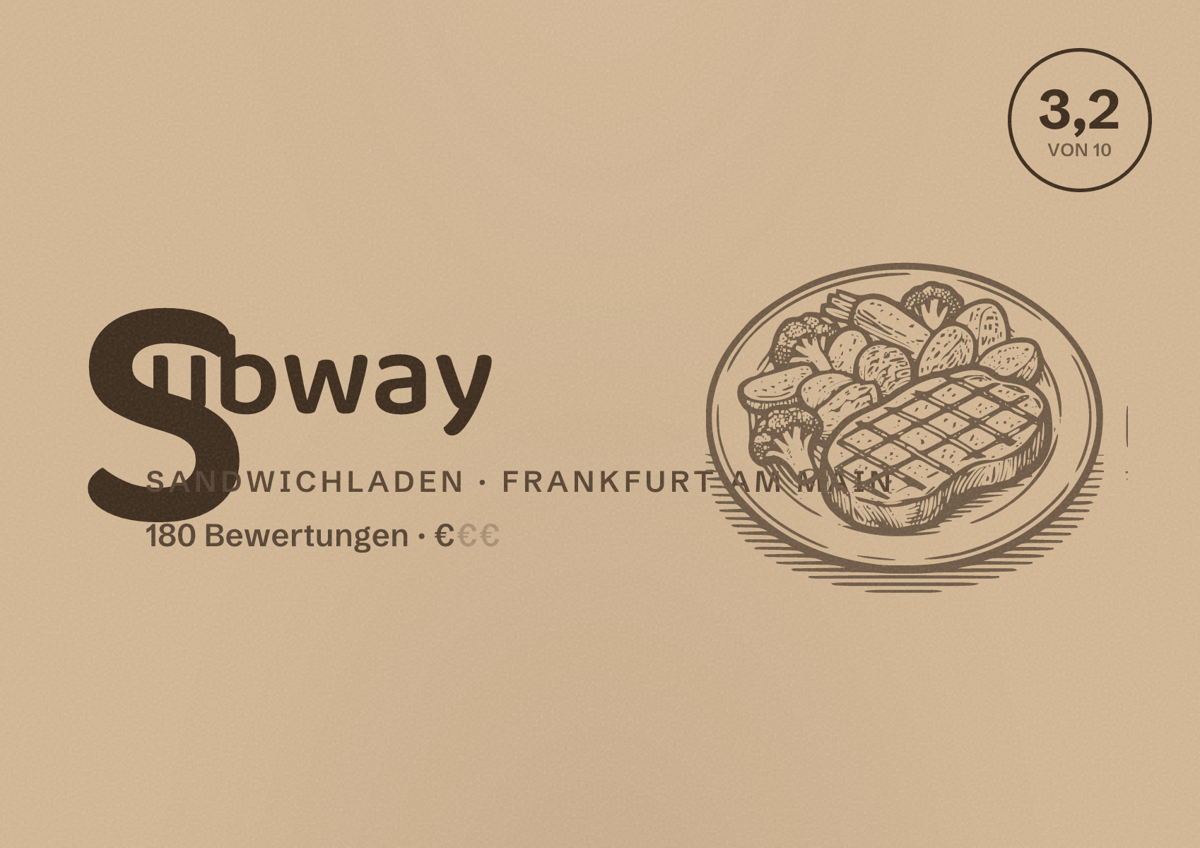 Illustriertes Poster von Subway, Sandwichladen in Frankfurt am Main: Bewertung 3,2 von 10 aus 180 Bewertungen, Preisniveau €