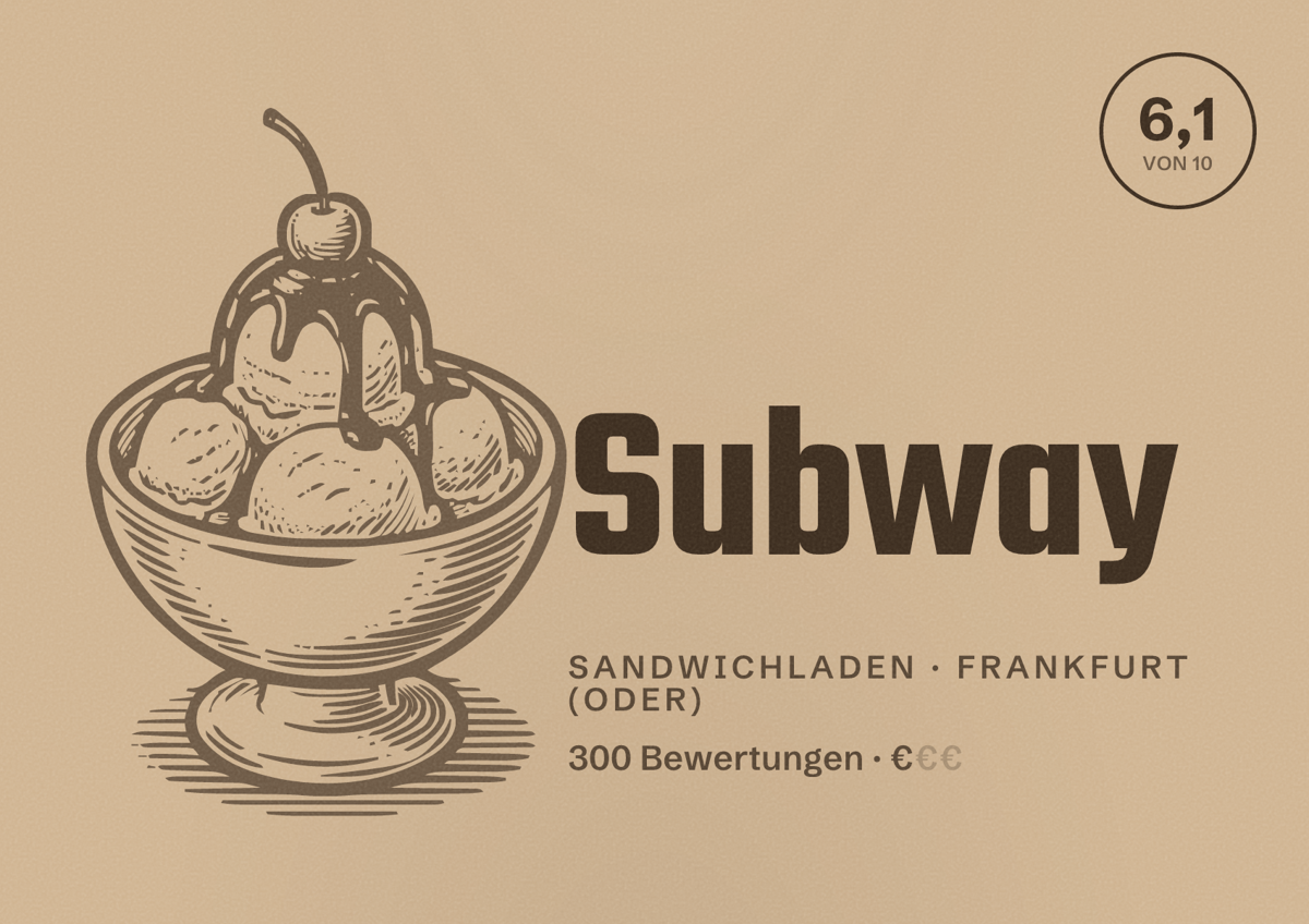 Illustriertes Poster von Subway, Sandwichladen in Frankfurt (Oder): Bewertung 6,1 von 10 aus 300 Bewertungen, Preisniveau €