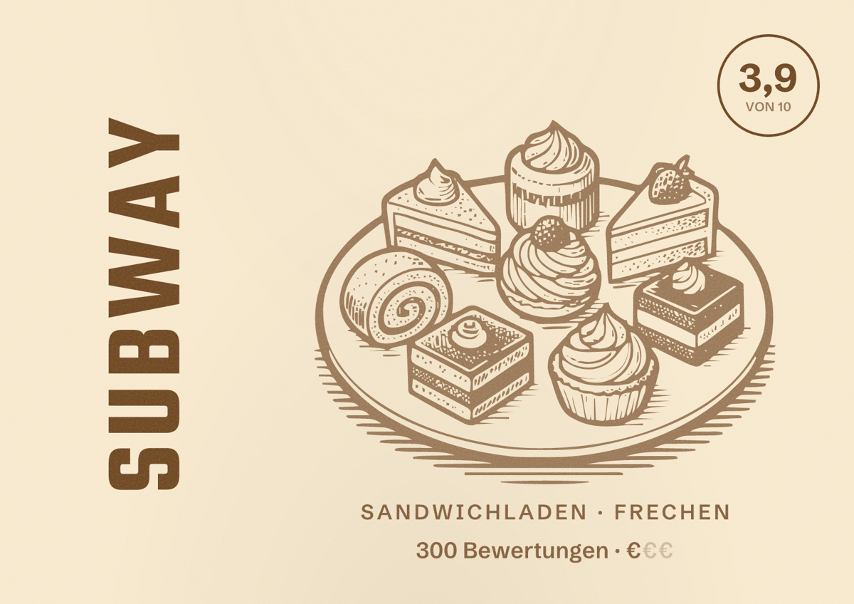 Illustriertes Poster von Subway, Sandwichladen in Frechen: Bewertung 3,9 von 10 aus 300 Bewertungen, Preisniveau €