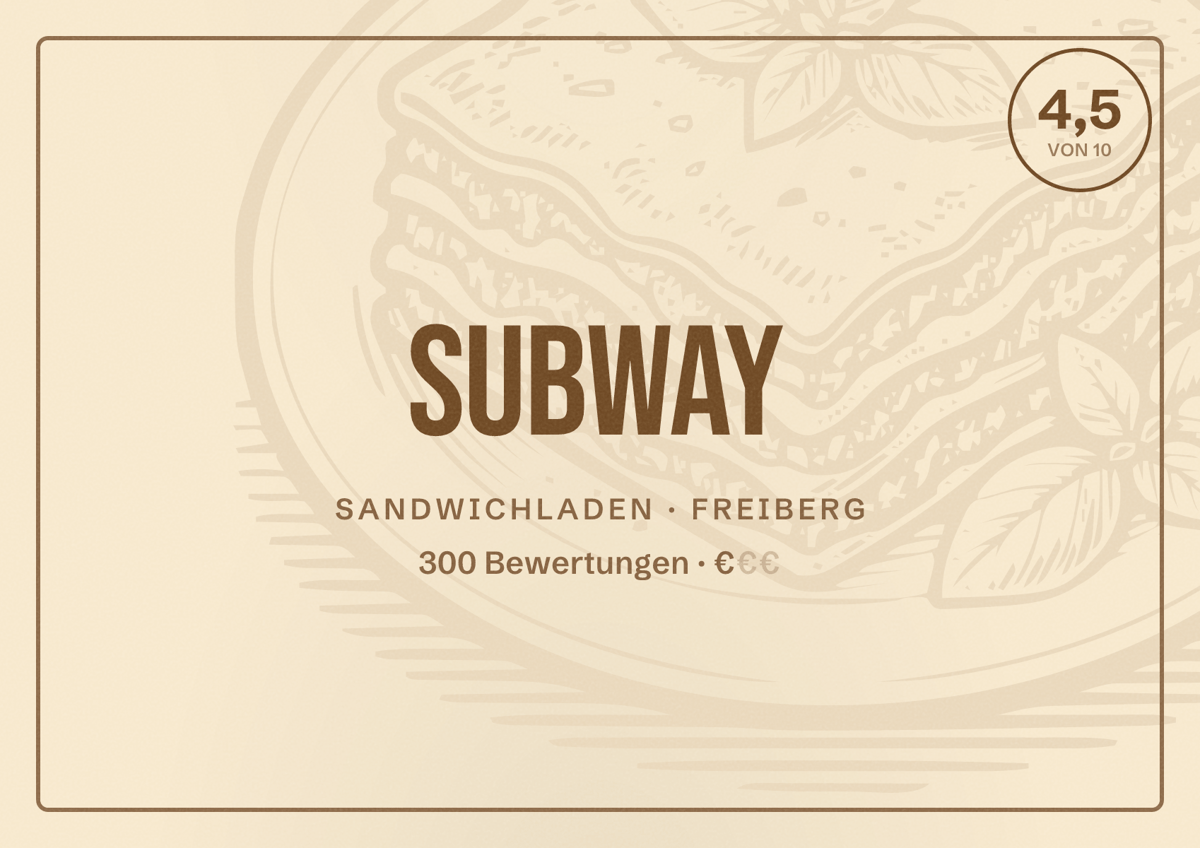 Illustriertes Poster von Subway, Sandwichladen in Freiberg: Bewertung 4,5 von 10 aus 300 Bewertungen, Preisniveau €