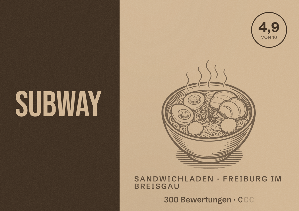Illustriertes Poster von Subway, Sandwichladen in Freiburg im Breisgau: Bewertung 4,9 von 10 aus 300 Bewertungen, Preisniveau €
