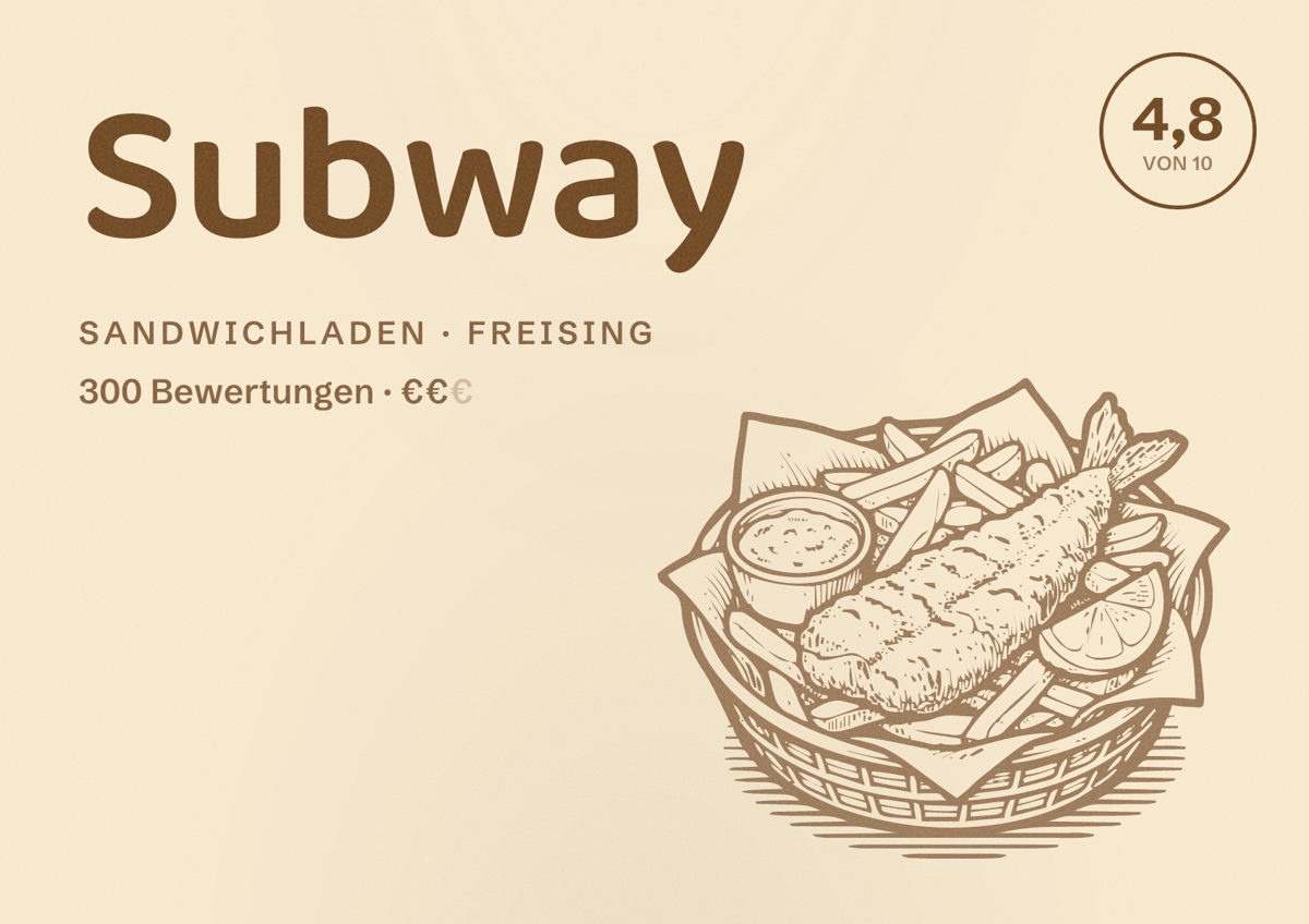 Illustriertes Poster von Subway, Sandwichladen in Freising: Bewertung 4,8 von 10 aus 300 Bewertungen, Preisniveau €€